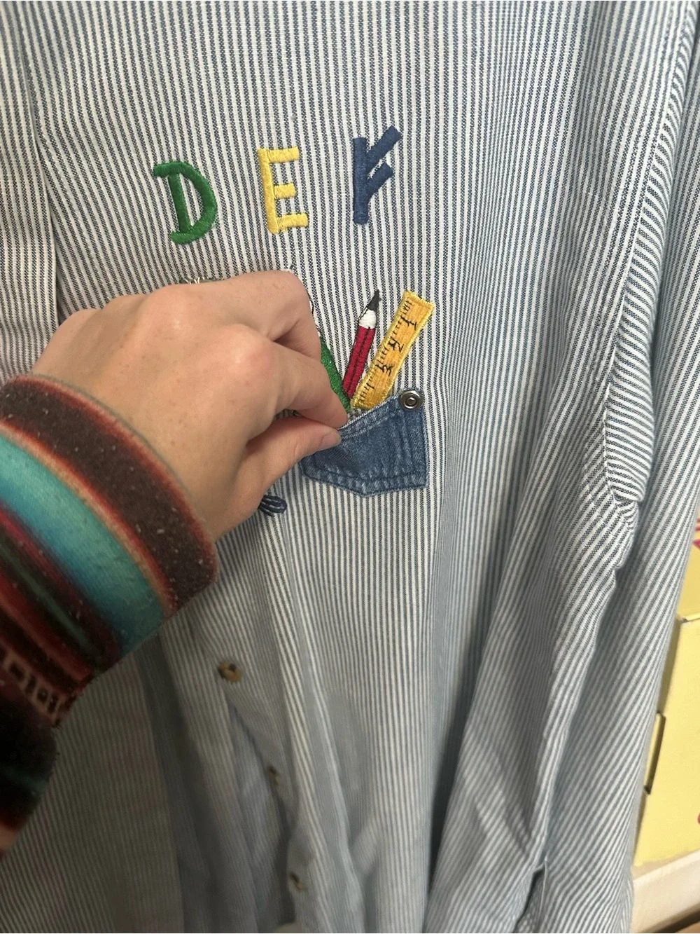 Vintage Blue and White Striped Button Down with Teacher School Themed Embroidery - Picture 7 of 9